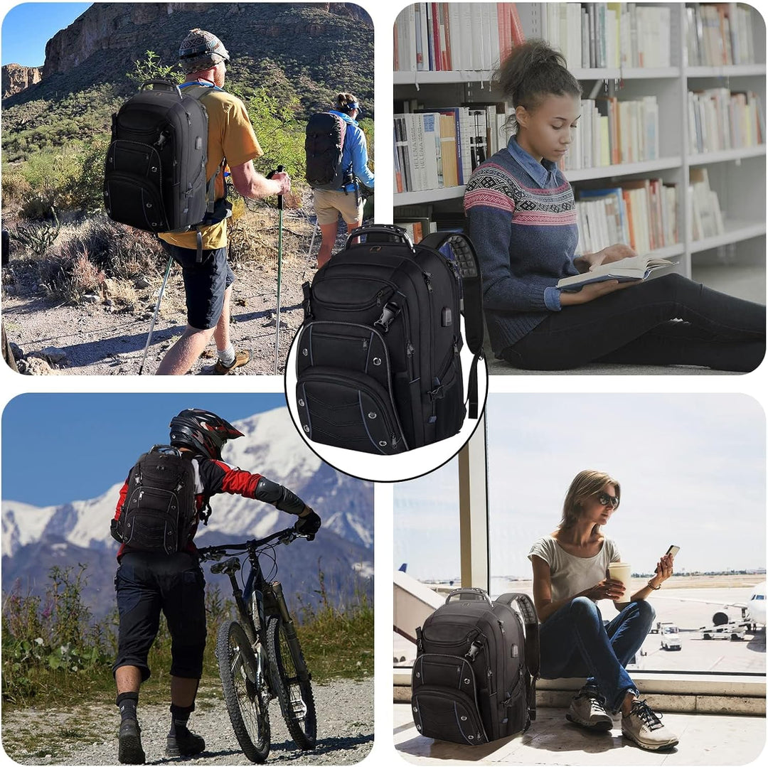 Ergonomic 55L travel backpack for women & men, with breathable back panel & adjustable straps for comfort.