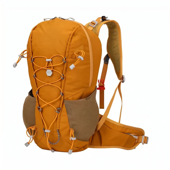 Detail view of the robust zippers and practical pockets on a unisex 6.6 gallon hiking backpack.