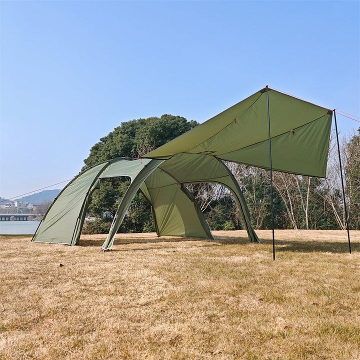 High-angle shot of a multi-room 6 person tunnel camping tent with practical awning, perfect for groups.