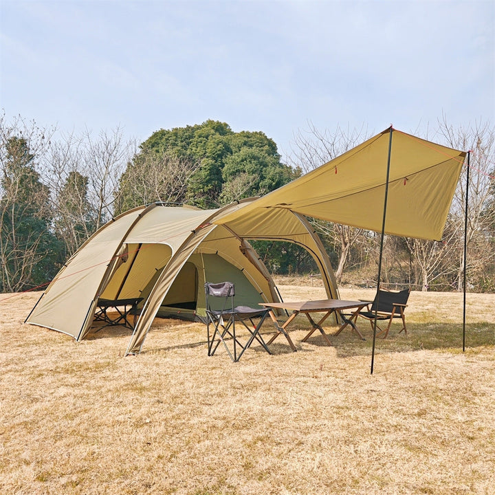 Large 6-person tunnel tent, ideal for camping, featuring an integrated sun awning and ample headroom.