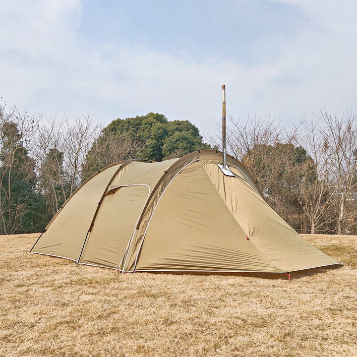 Durable all-season tunnel camping tent for six, with a protective awning for extended outdoor living.