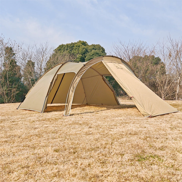 Close-up of the waterproof fabric on a 6-person tunnel camping tent with awning, built for durability.