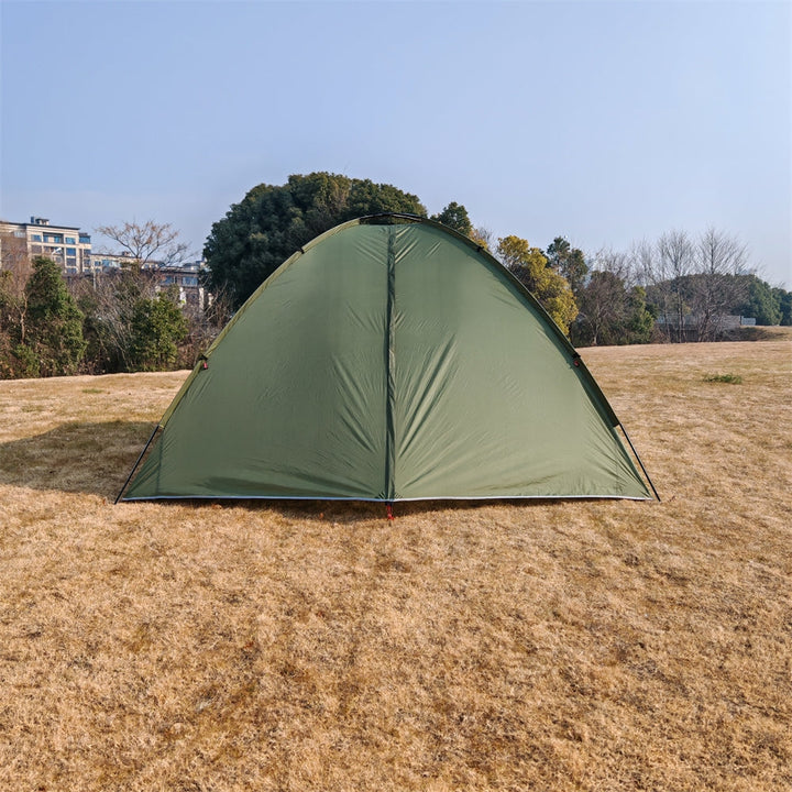 Detailed shot of the robust poles and secure guylines of a 6 person tunnel camping tent with awning.