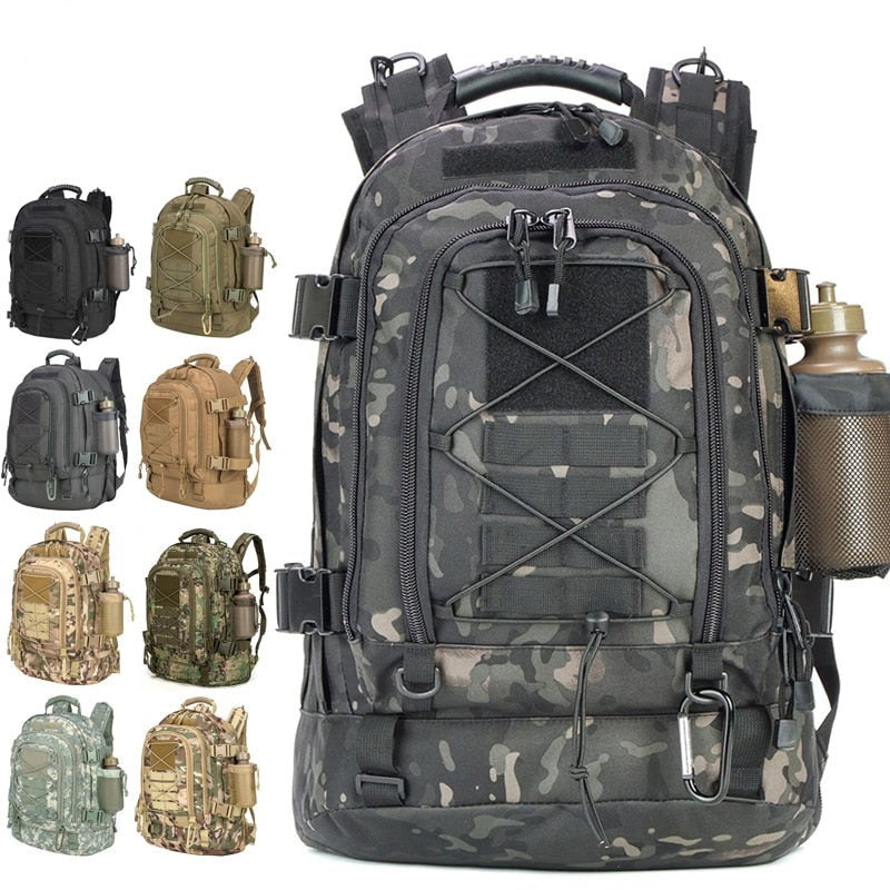 Unisex 60L expandable tactical backpack in black, front view, ideal for outdoor travel & camping