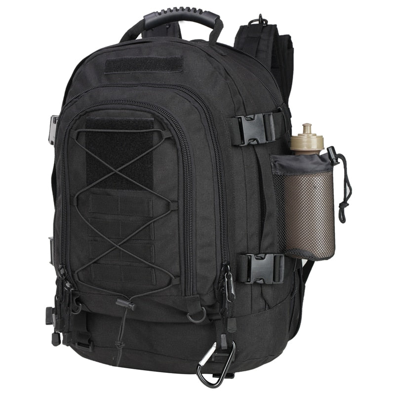 Molle webbing and D-rings on a 60L black tactical travel bag, offering versatile attachment