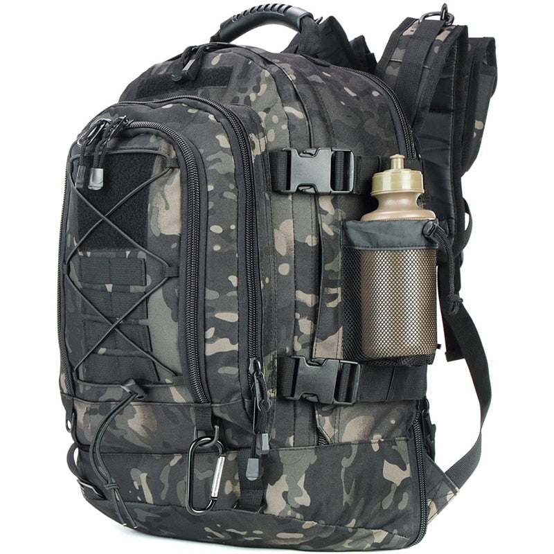 Close-up of durable zippers and buckles on a 60L waterproof tactical camping pack