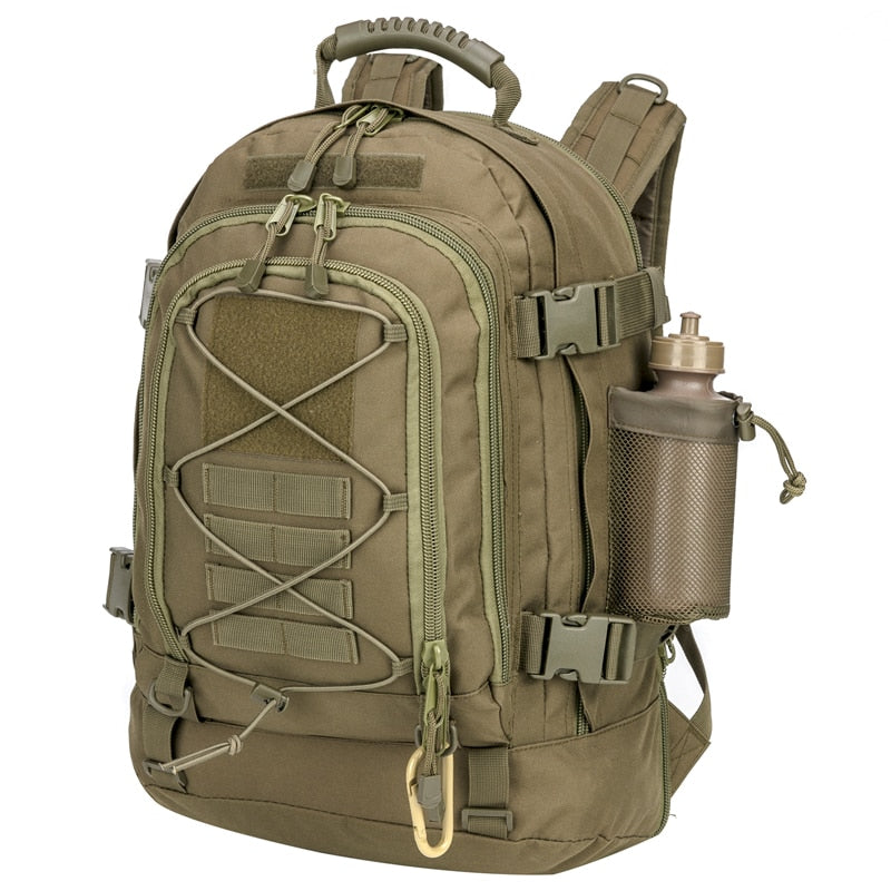 Customer wearing a 60L unisex tactical backpack while hiking, showing comfortable fit & practical use