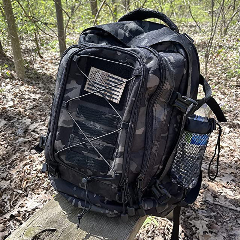 Unisex camping pack, 60 liter capacity, fully expanded with side compression straps visible