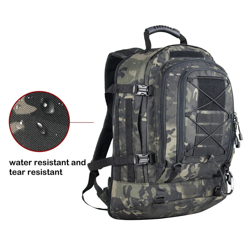 Overhead shot of an open 60L travel bag, showing spacious main compartment & internal organization
