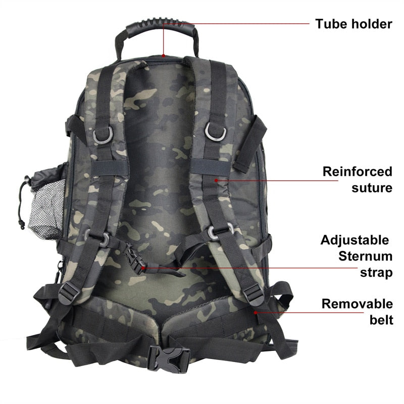 MOLLE system detail on a military rucksack, showcasing attachment points for extra gear