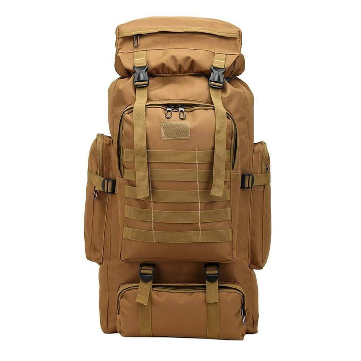 Front view of black 60L tactical backpack, ideal for camping and mountaineering trips