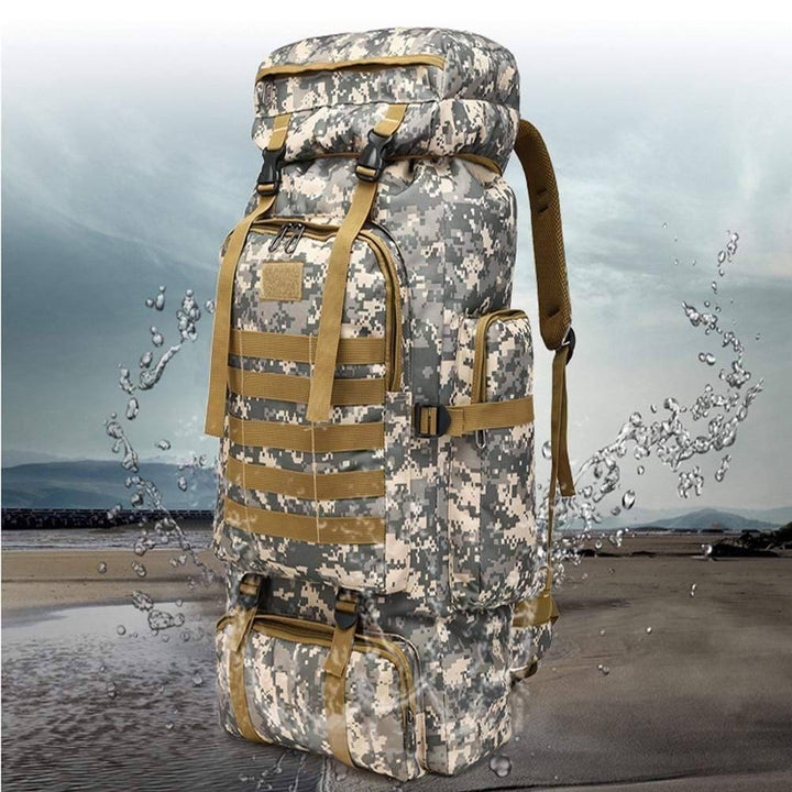 Side profile of a 60L tactical outdoor adventure backpack with compression straps