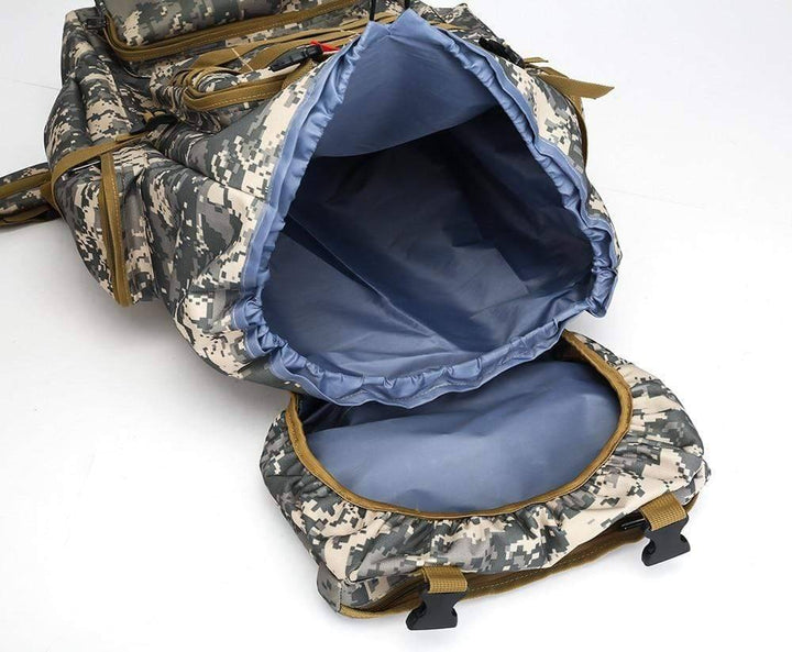 Close-up of main compartment on 60L tactical adventure backpack, suitable for hiking gear