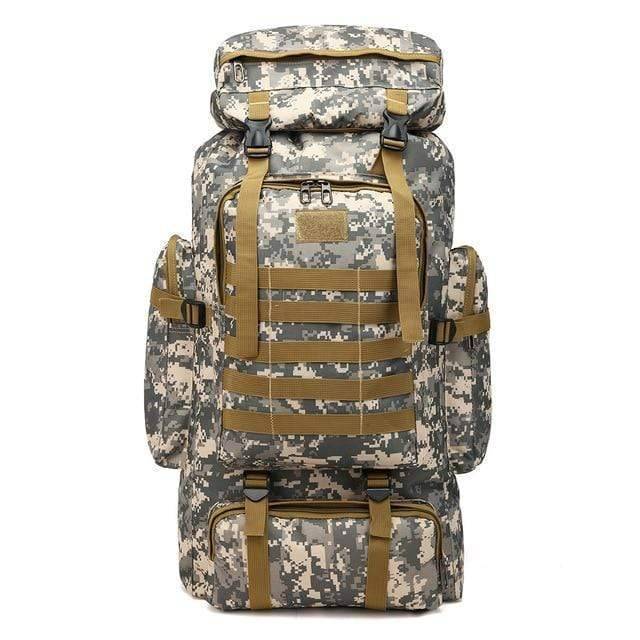 60L tactical backpack on a person for scale, ready for a rugged outdoor mountaineering trip