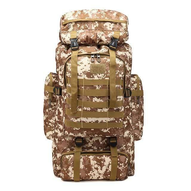 Detail of MOLLE webbing on a 60L tactical backpack for attaching outdoor accessories