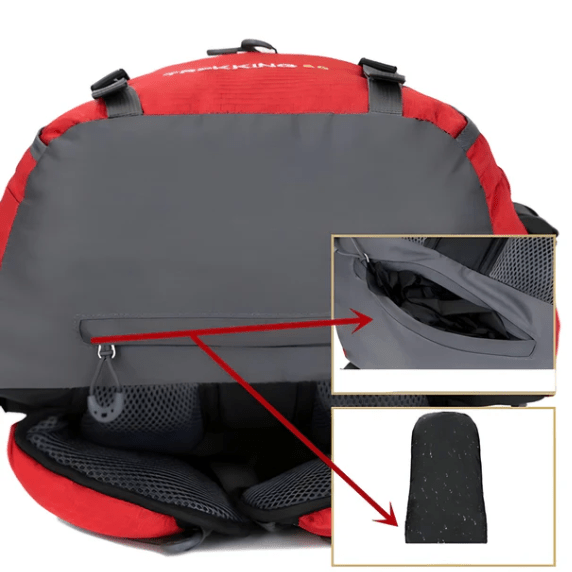 Close-up of the waterproof fabric and sturdy zippers on a 60L hiking and camping backpack.