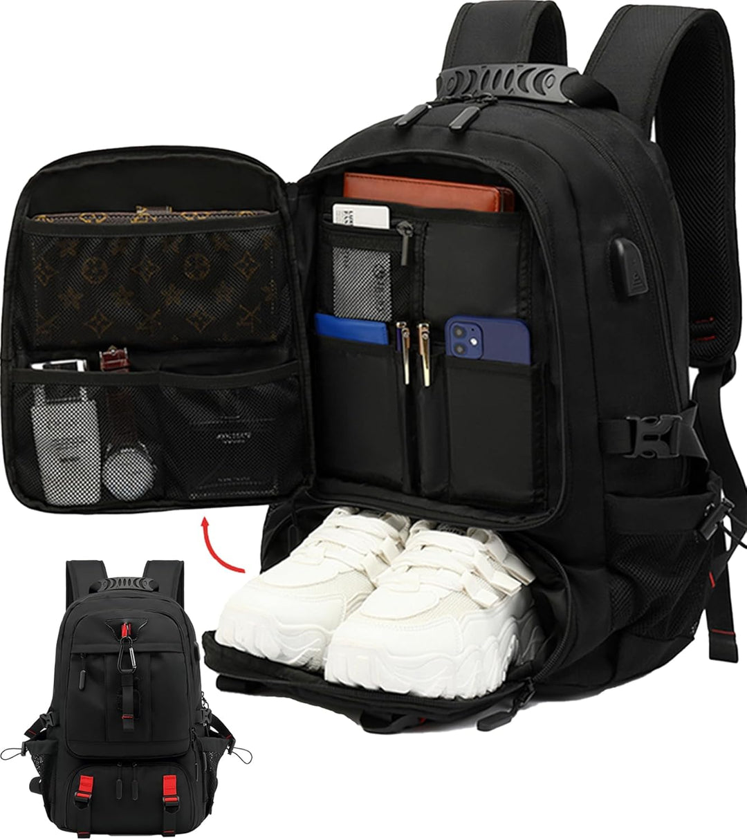 Unisex 60L waterproof travel laptop backpack with USB charging port & dedicated shoe compartment for organized packing.