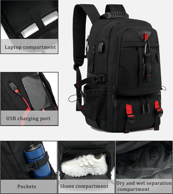 Large 60L waterproof travel backpack with dedicated laptop sleeve, shoe compartment & USB port for travel.
