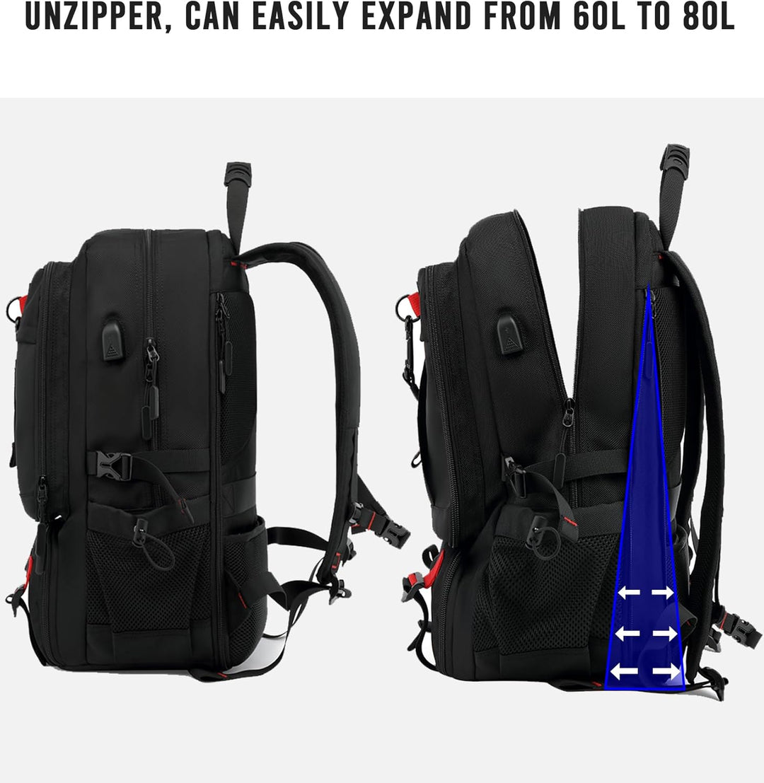Front view of a black 60L waterproof anti-theft travel laptop backpack featuring USB & shoe storage.