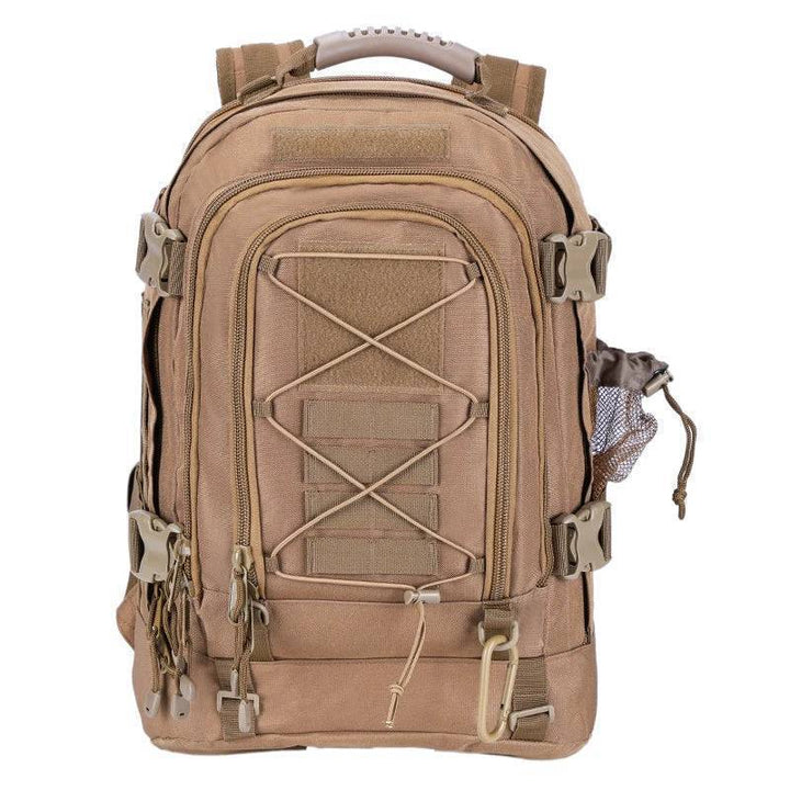 Close-up of durable MOLLE webbing on a 65L military backpack, ready for attachable pouches
