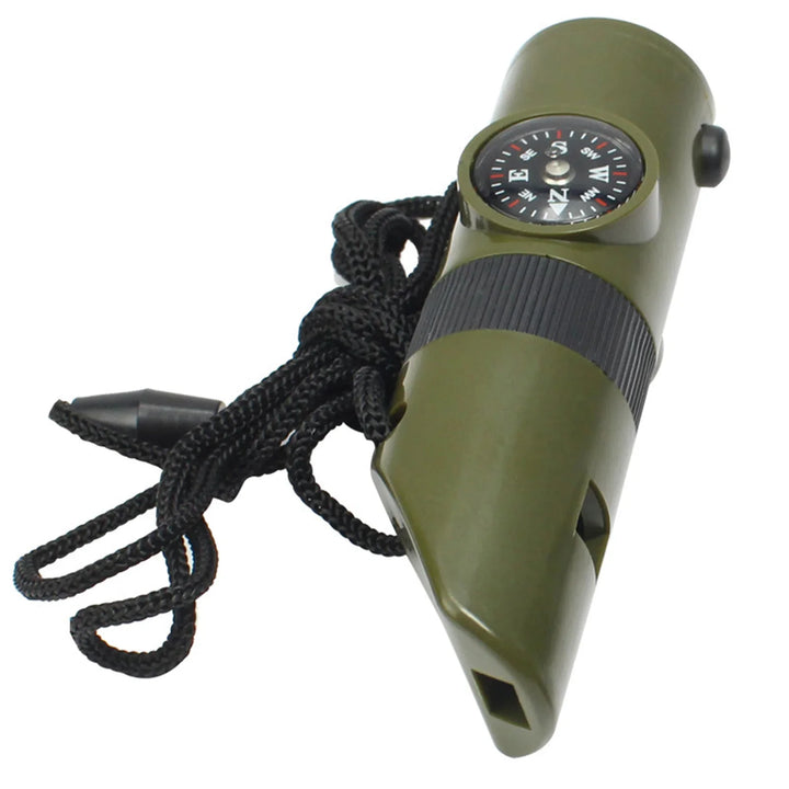 Unisex 7-in-1 emergency survival whistle multi-tool with compass and LED flashlight