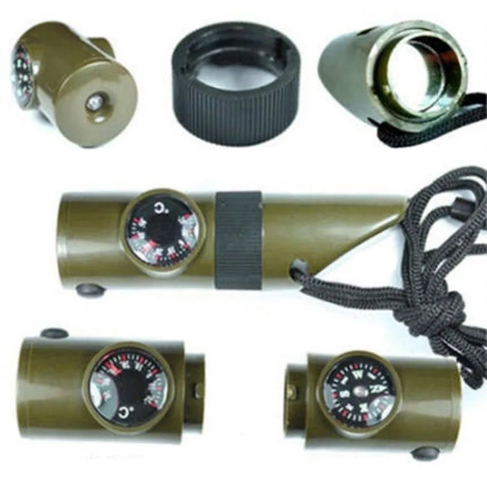 Multi-functional emergency tool: 7-in-1 survival whistle for camping enthusiasts