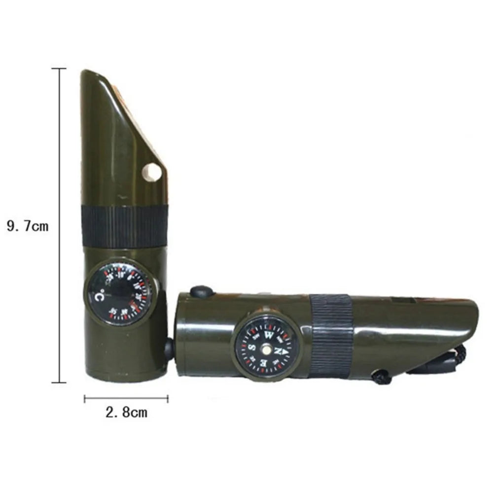 7-in-1 outdoor multi-tool, includes emergency whistle, compass, and LED flashlight