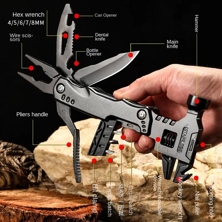 Portable survival multi-tool, 7-in-1 with hammer & pliers, ideal for outdoor and emergency use