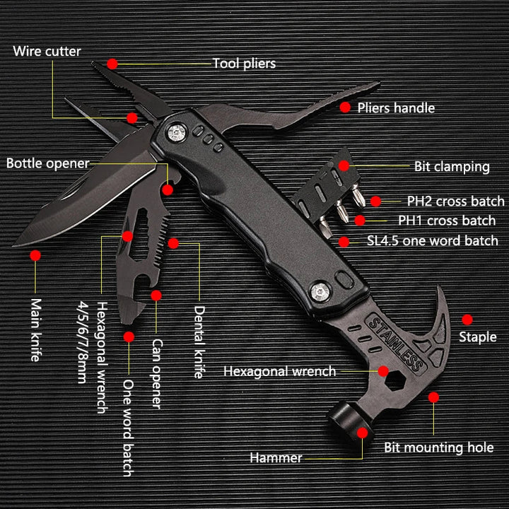 7-in-1 multi-tool for camping, showing plier & hammer functions, essential for outdoor survival