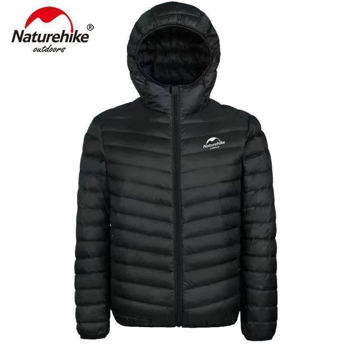 Unisex 800FP duck down lightweight puffer jacket in black, ideal for outdoor hiking & camping.