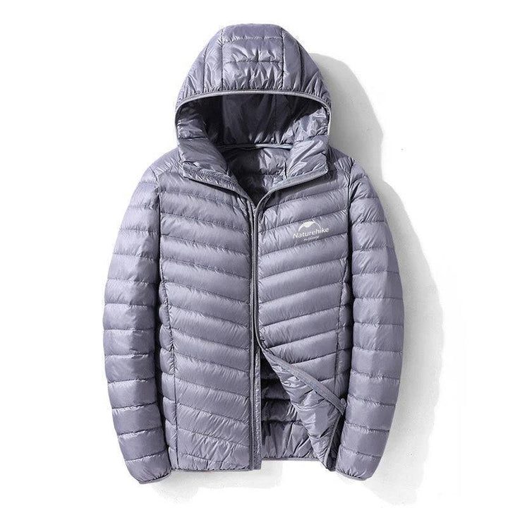 Close-up of lightweight 800FP duck down puffer jacket fabric, showing water-resistant texture.