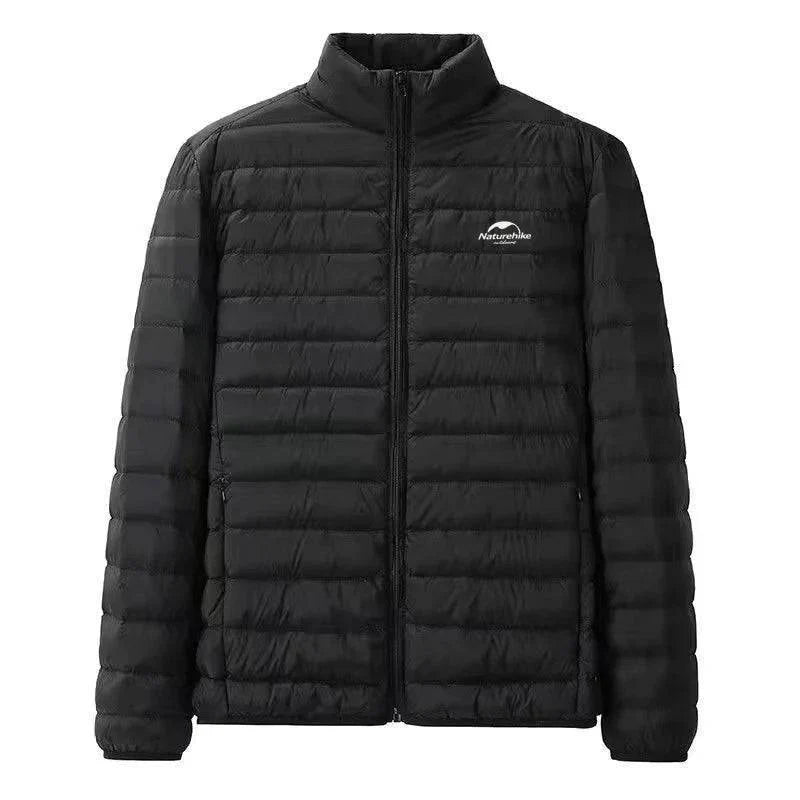 Detail of zipper and high collar on unisex 800FP duck down puffer coat for extra warmth.