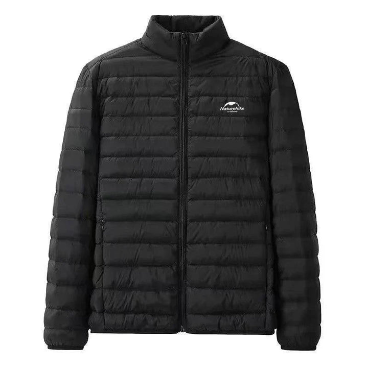 Detail of zipper and high collar on unisex 800FP duck down puffer coat for extra warmth.
