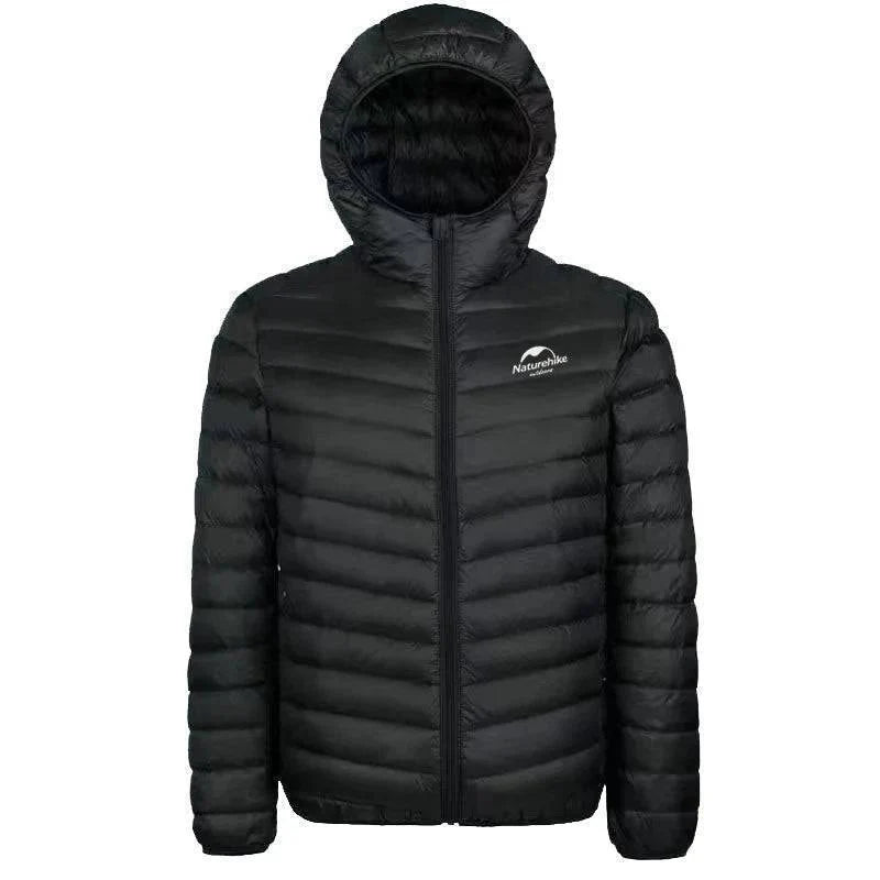 Group of packable 800FP duck down lightweight jackets in various colors, essential for camping.