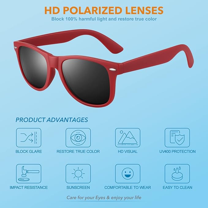High-performance polarized wayfarer sunglasses. 80s retro style, unisex, strong UV & glare protection.