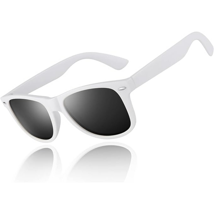 Lightweight polarized wayfarer sunglasses with UV protection & glare reduction for outdoor use.