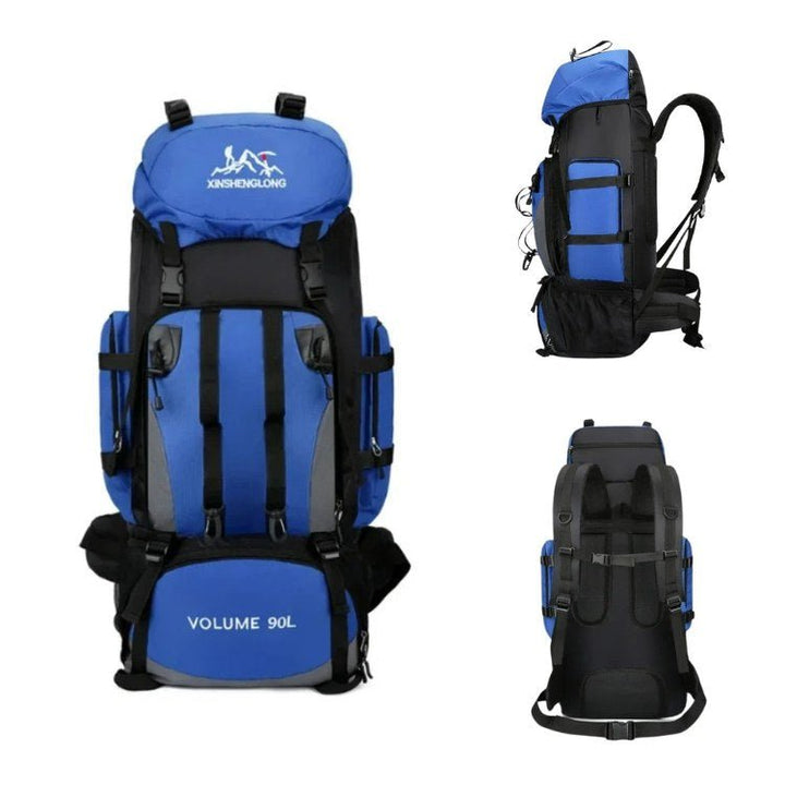 Back view of a black 90L ultralight hiking backpack with adjustable straps for trekking