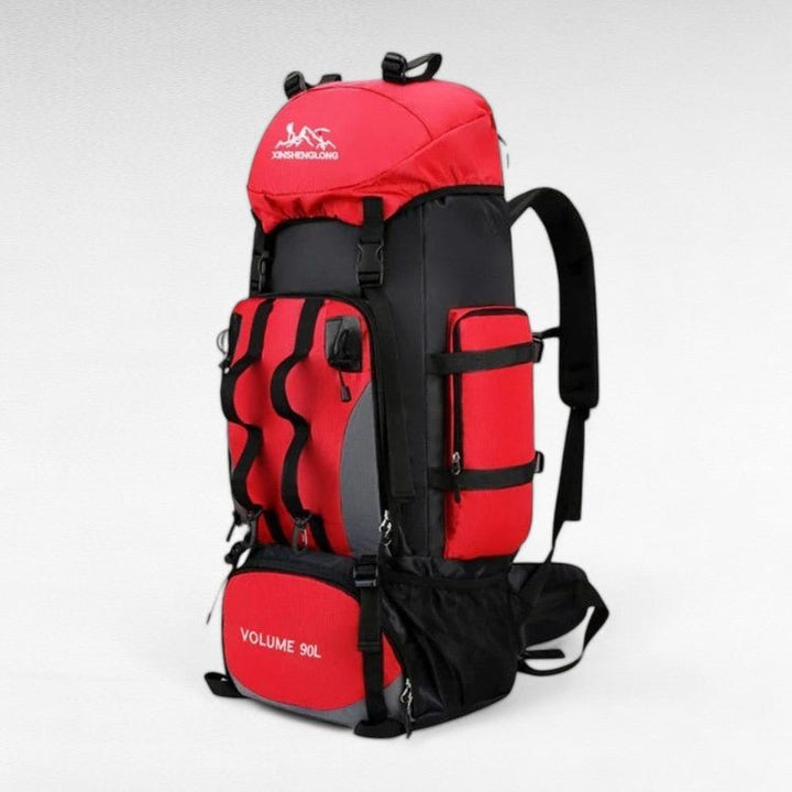 Side view of a 90L waterproof hiking backpack, showing mesh pockets for outdoor use