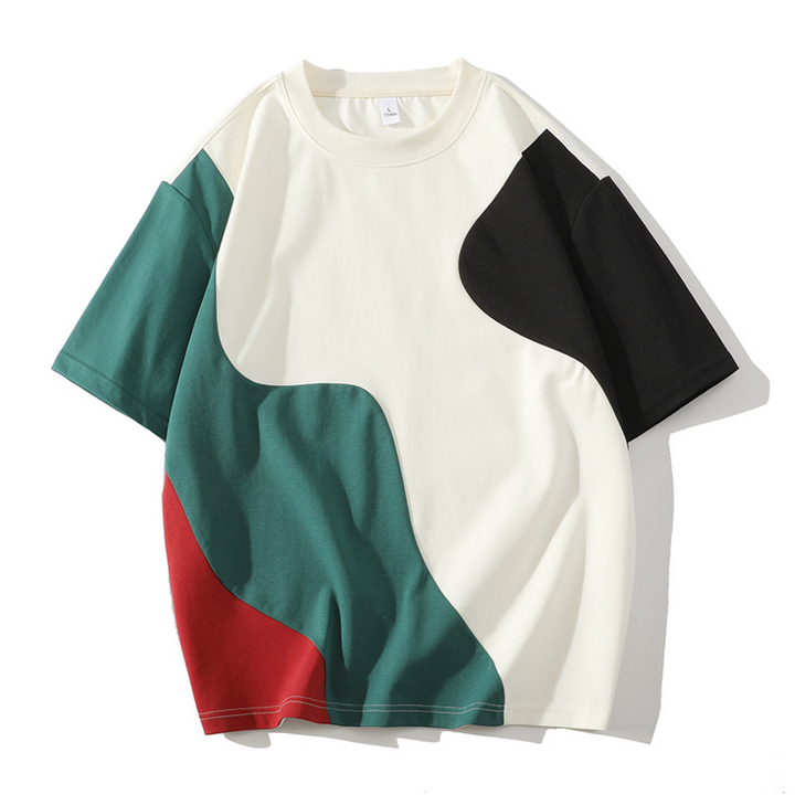 Modern unisex t-shirt featuring a unique abstract waveform art print. Oversized graphic tee, comfortable casual style.