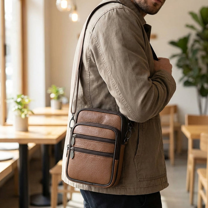Unisex adjustable brown leather crossbody bag for daily essentials & secure storage, front view.