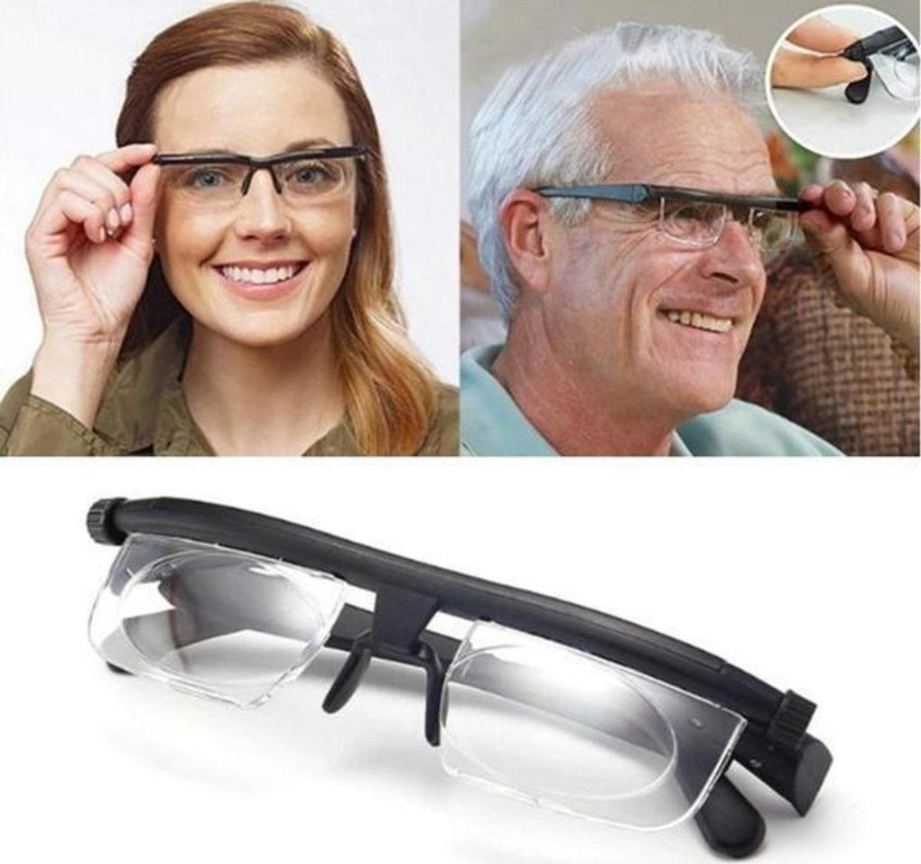 Adjustable unisex vision correction glasses. Dual-lens design provides clear sight for reading & distance, an optical solution.