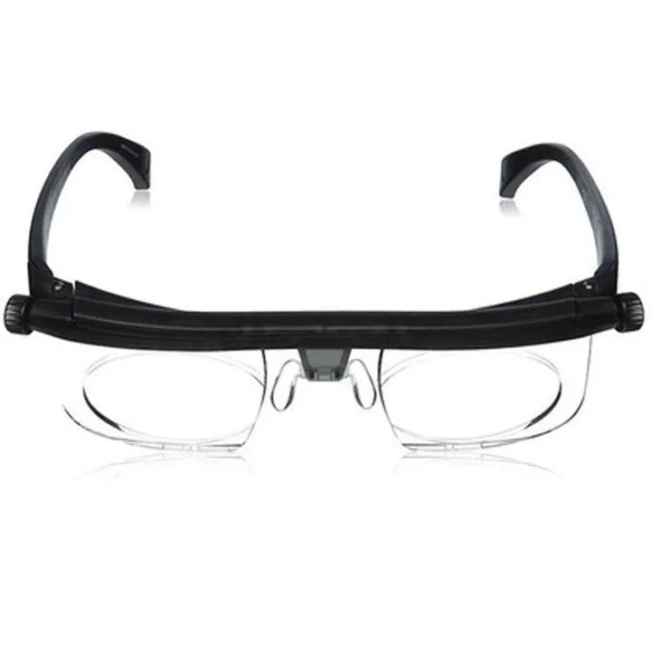 Unisex adjustable focus glasses for reading and distance vision correction.