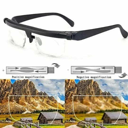 Close-up of unisex adjustable focus reading glasses, showcasing the flexible frame. Ideal for presbyopia.