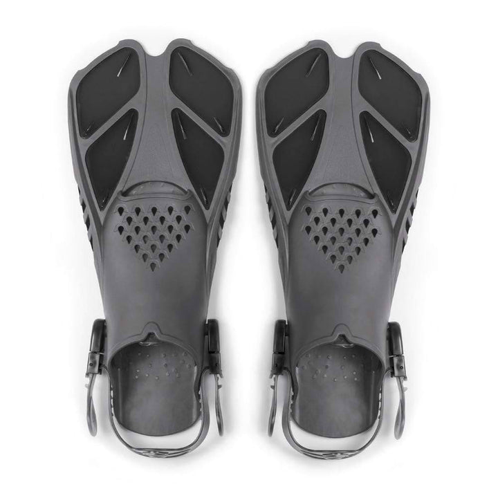 Unisex adjustable swimming fins for adults, black with blue accents, ideal for dive training and water sports