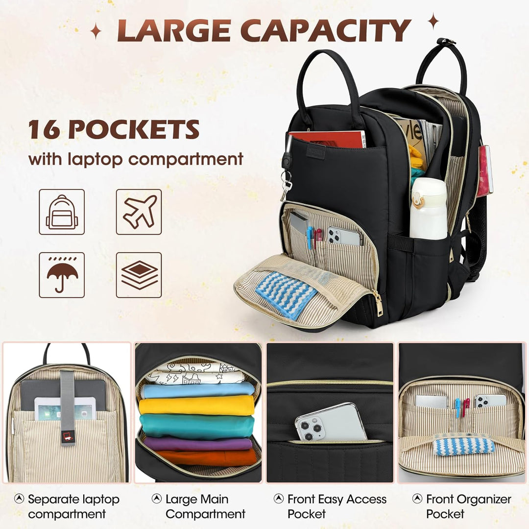 Open AeroFlex water-resistant travel laptop backpack revealing spacious main and tech compartments for organized storage.