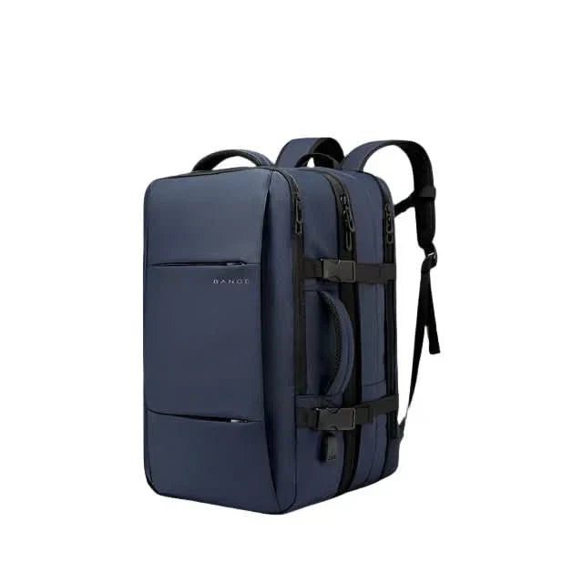 USB charging port detail on a water-resistant business laptop backpack, ready for on-the-go power.