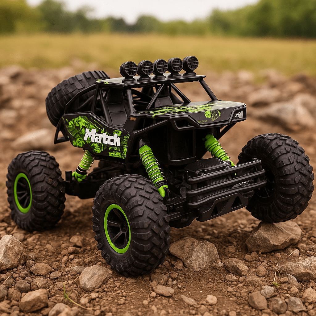 Brightly colored All-Terrain RC Monster Truck, a fun and durable kids' toy with remote.