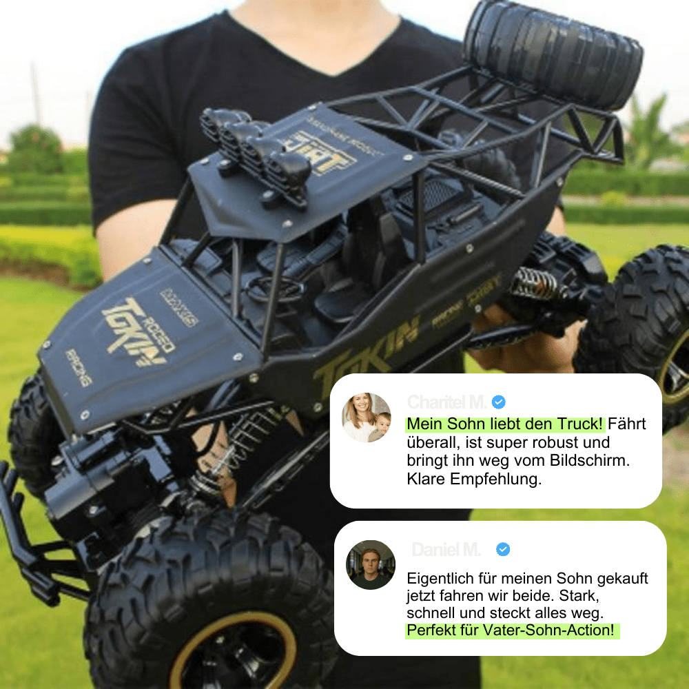 Remote control toy monster truck, great for indoor and outdoor play on various surfaces.