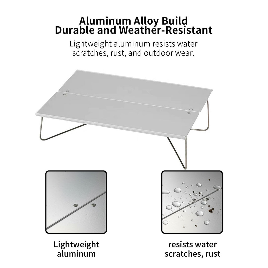 Outdoor shot of the foldable aluminum table, demonstrating its stability for camping and outdoor use.