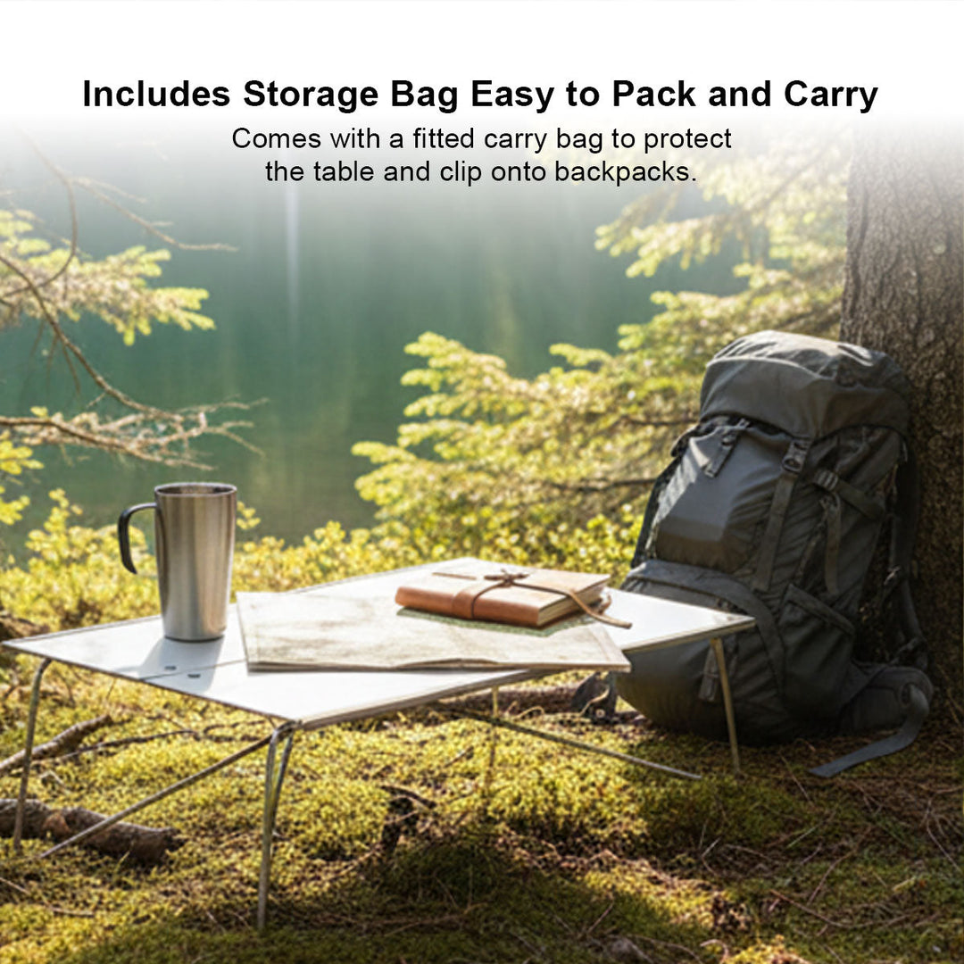 Foldable camping table, showcasing its simple setup and quick fold-down mechanism.